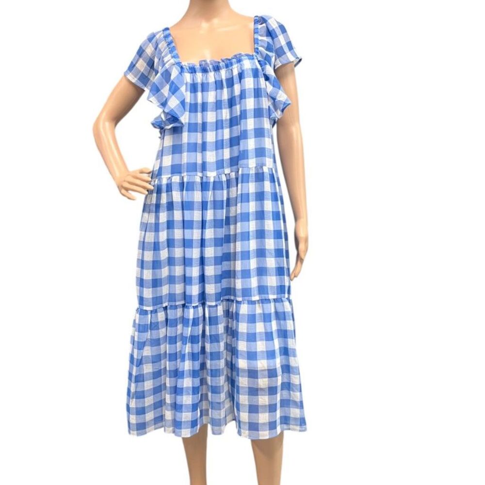 THE IMPECCABLE PIG Blue & White Gingham Flutter Sleeve Midi Dress Sz S